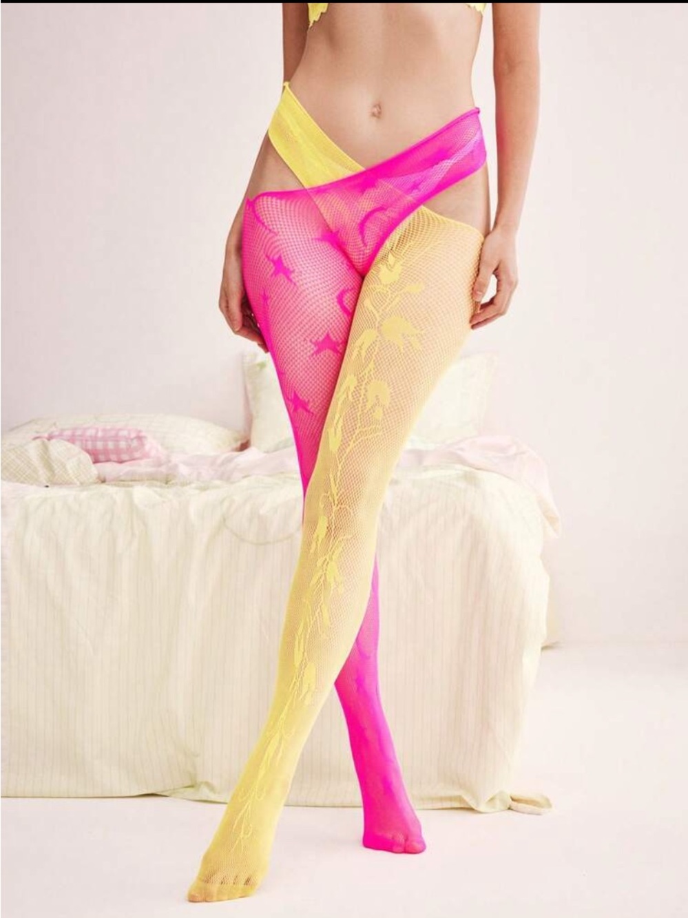 Women's Two-Tone Fishnet Tights - Pink & Yellow